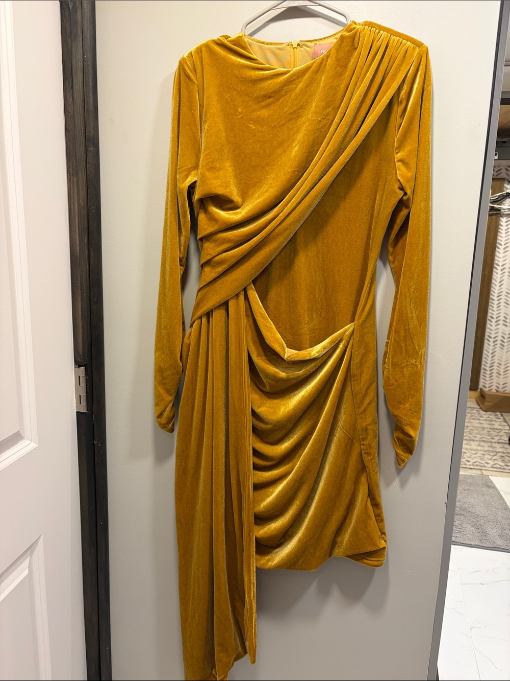 JessaKae Mustard Gold Asymmetrical Velvet Draped Dress